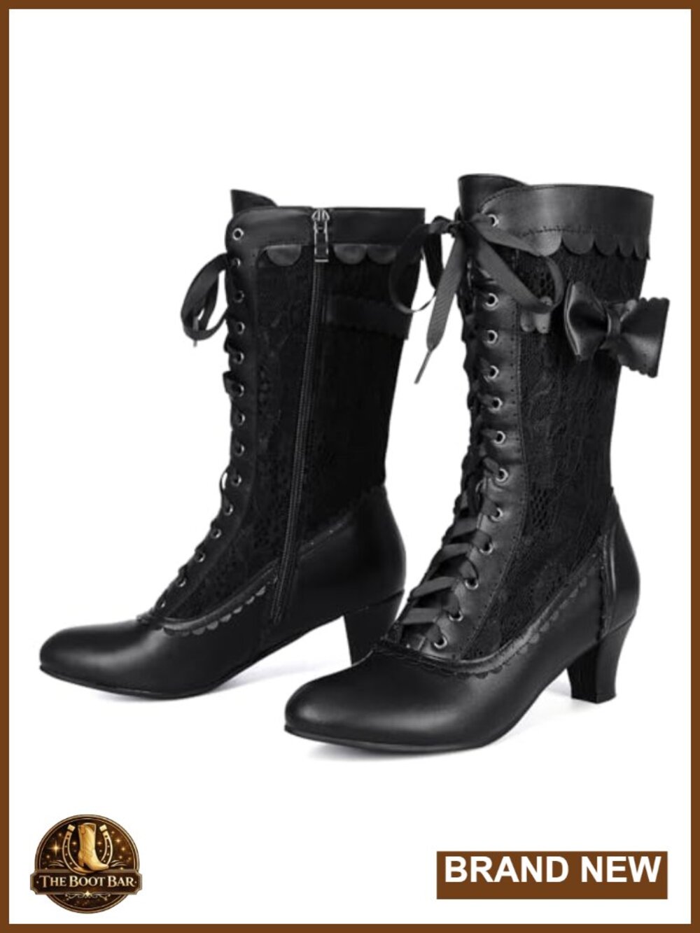 Women Victorian Lace Up Mid Calf Boots Kitten Heel Costume Shoes